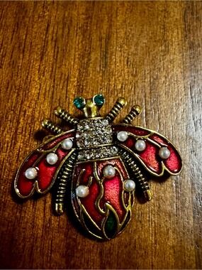 Red Bee Brooch with Pearl Accents - Fashion Jewelry